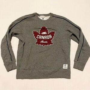 Roots Men's Grey Crewneck Sweater with Red Maple Leaf Size XS
